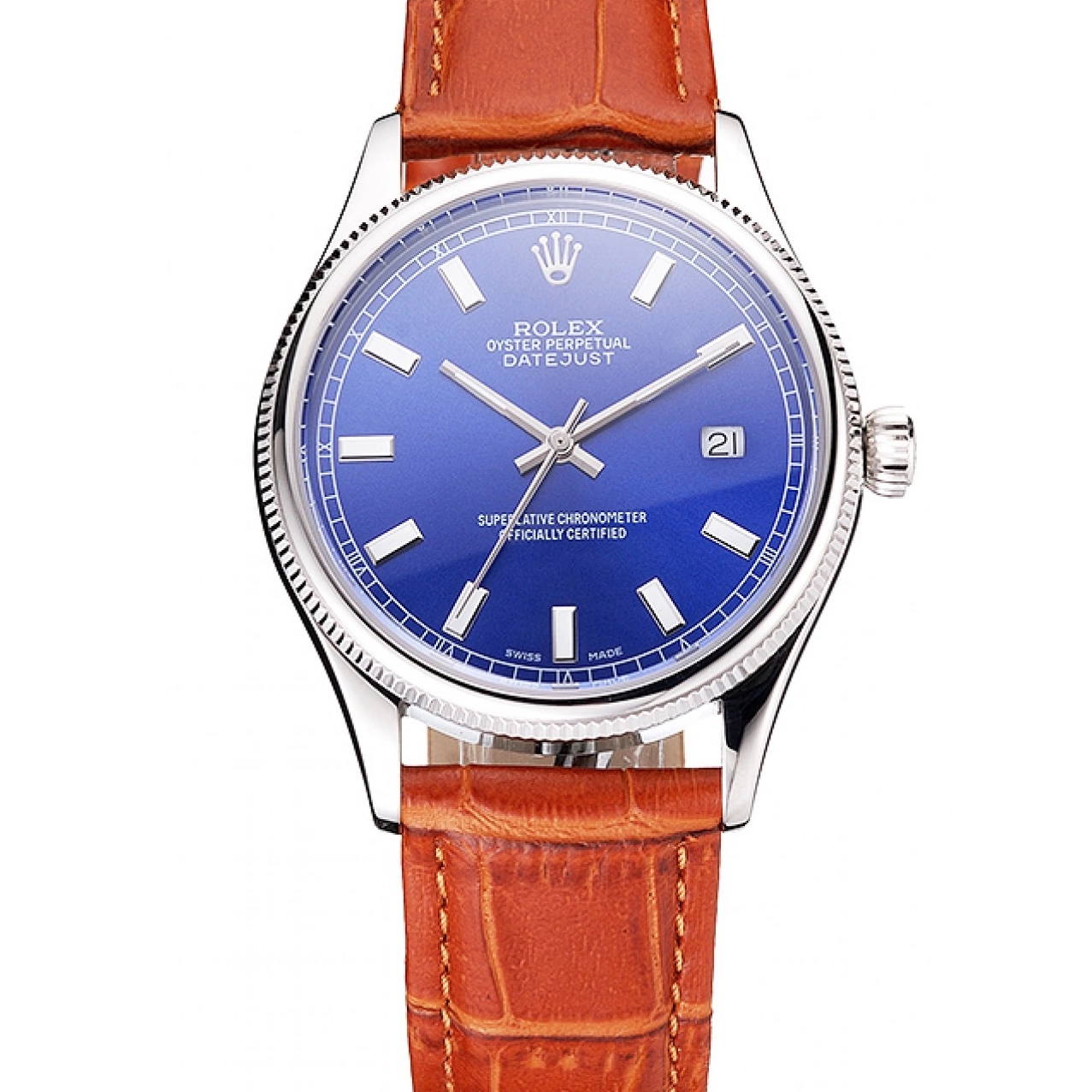 Aaa replica Case Blue Light Strap Datejust Swiss Dial Rolex Brown Leather Steel Stainless 0814